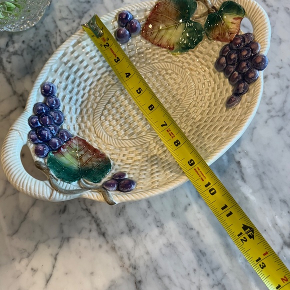 Fitz & Floyd Ironstone oval ceramic basketweave bowl. Features grapes & vines. - Picture 9 of 10